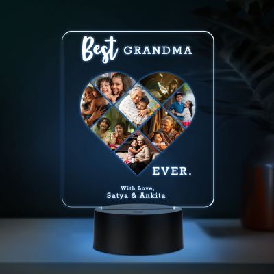 Personalized Best Grandma Ever LED Night Light, Heart Photo Collage Frame with Multicolored Light Memorable Gift for Dadi Maa
